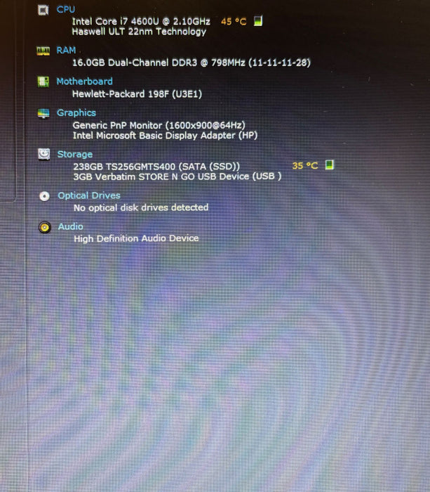 HP EliteBook 840 Intel Core i7-4600U @ 2.10 GHz 16 GB RAM 256 GB m.2 SSD