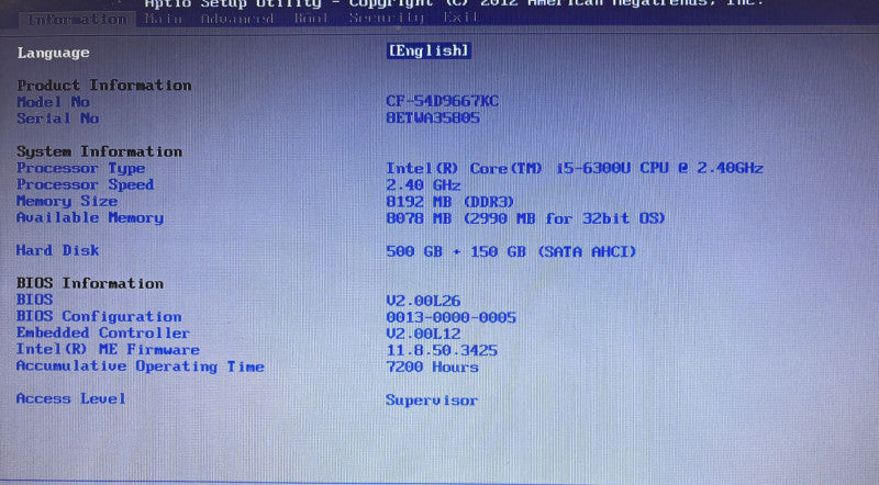 Panasonic TOUGHBOOK CF-54 Core i5-6300U@2.4GHz 8GB RAM 180GB m.2 7200Hrs READ