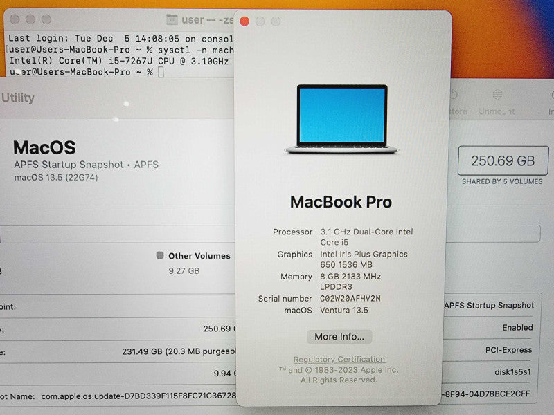 Apple Macbook Pro 2017 13\\" Core i5-7267U @ 3.1GHz 8GB DDR3 250GB SSD [Read] (