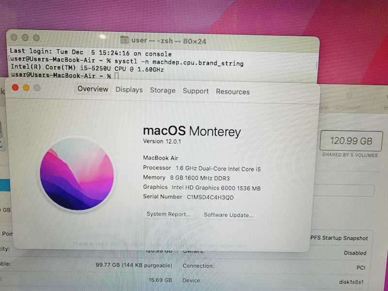 Apple Macbook Air 2015 13\\" Core i5-5250U @ 1.6GHz 8GB DDR3 120GB SSD  (