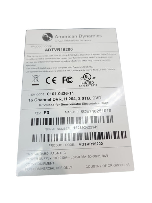 American Dynamics ADTVR16200 16-Channel, DVR,Video Surveillance, Recorder &