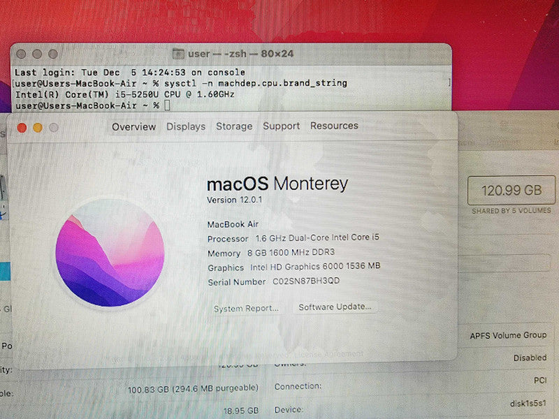 Apple Macbook Air 2015 13\\" Core i5-5250U @ 1.6GHz 8GB DDR3 120GB SSD (