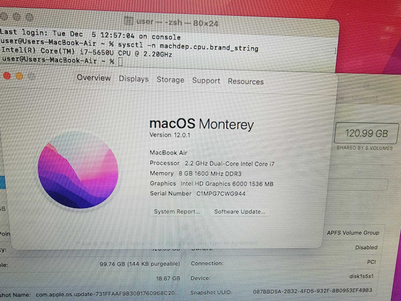 Apple Macbook Air 2015 13\\" Core i7-5650U @ 2.2GHz 8GB DDR3 120GB SSD (