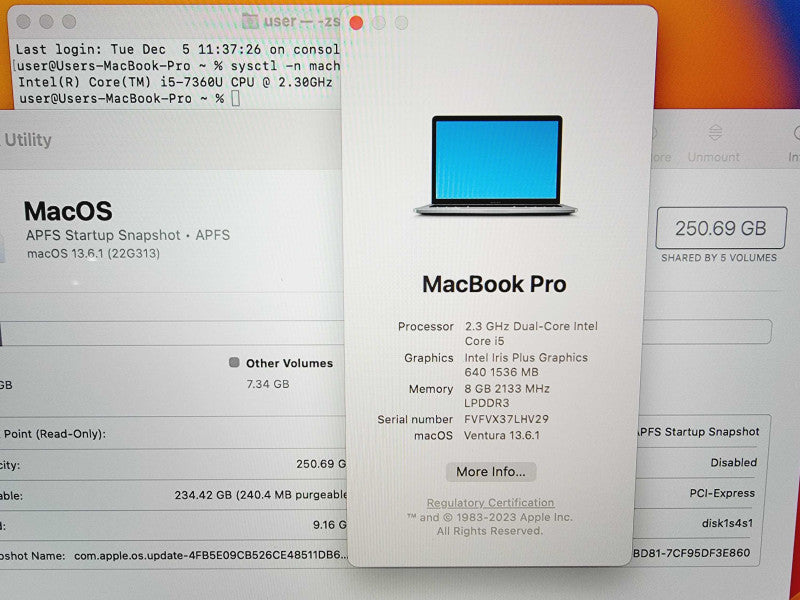 Apple Macbook Pro 2017 13\\" Core i5-7360U @ 2.3GHz 8GB DDR3 250GB SSD (