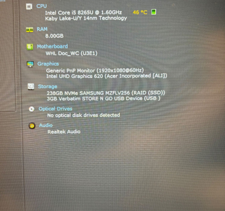 ACER Aspire 5 Intel Core i5-8265U 8 GB DDR$ RAM 256 GB SSD