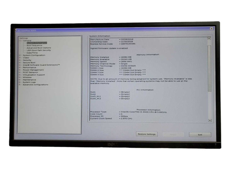 Dell OptiPlex  5060 SFF i5 - 8500 CPU @ 3.00GHz 16GB  DDR4 Ram NO HDD Î¸