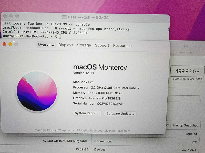 Apple Macbook Pro Retina 2015 15\\" Core i7-4770HQ @ 2.2GHz 16GB DDR3 500GB SSD (