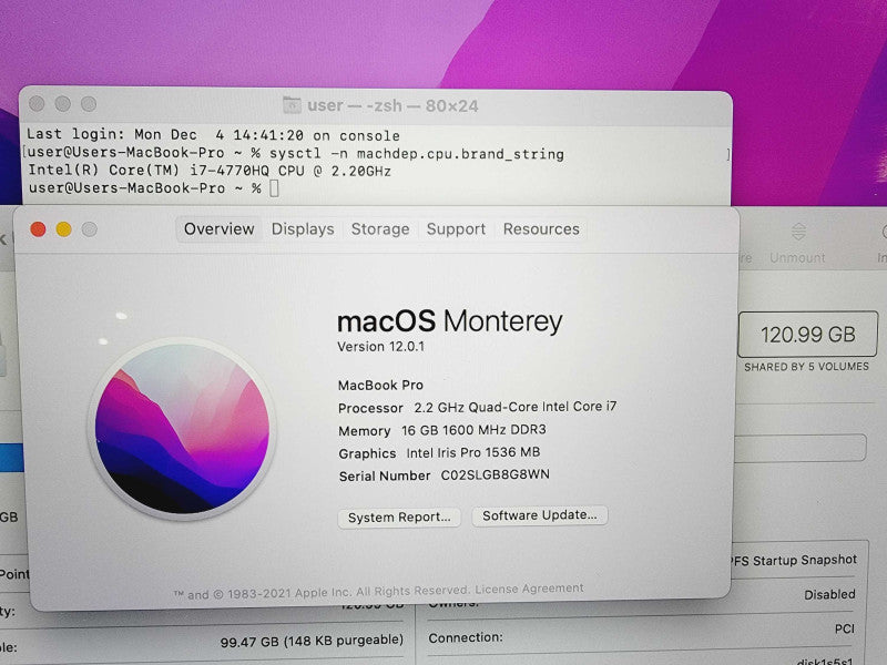 Apple Macbook Pro Retina 2015 15\\" Core i7-4770HQ @ 2.2GHz 16GB DDR3 120GB SSD (