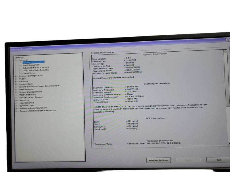 Dell OptiPlex 3070 SFF i5 - 9500 CPU @ 3.00GHz 16GB DDR4 Ram NO HDD Î¸