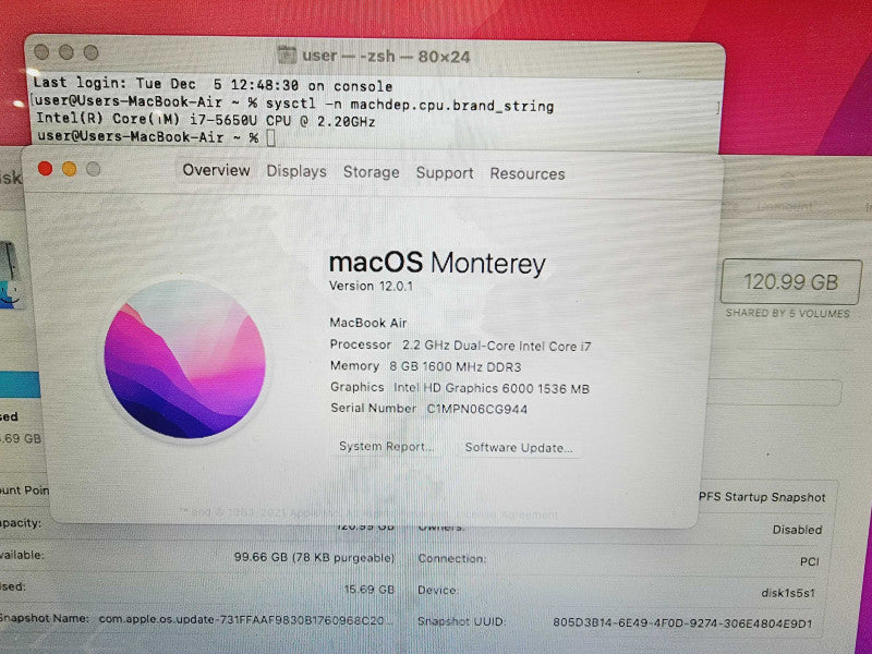 Apple Macbook Air 2015 13\\" Core i7-5650U @ 2.2GHz 8GB DDR3 120GB SSD (