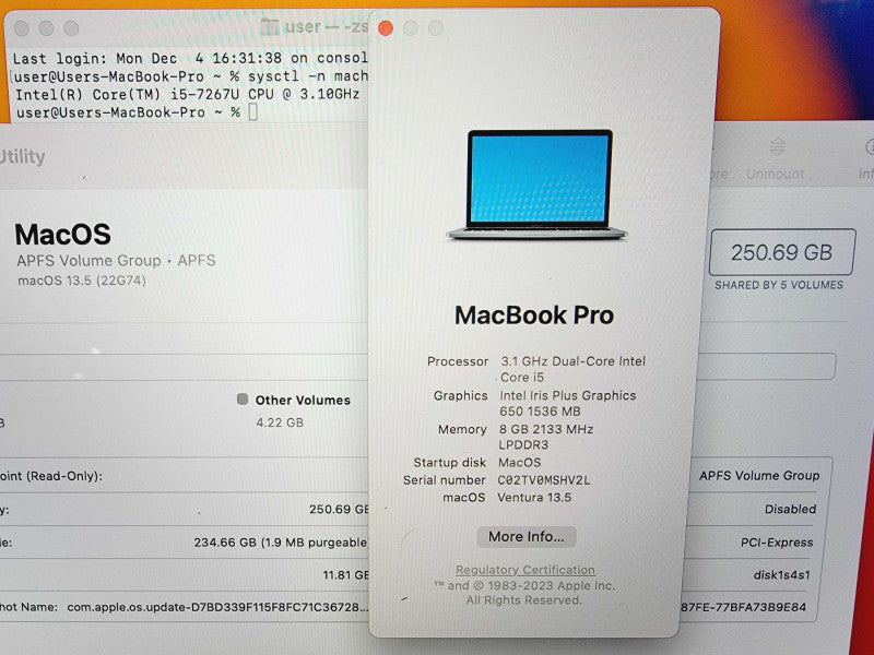 Apple Macbook Pro 2017 13\\" Core i5-7267U @ 3.1GHz 8GB DDR3 250GB SSD (