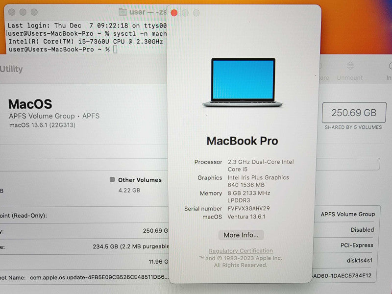 Apple Macbook Pro 2017 13\\" Core i5-7360U @ 2.3GHz 8GB DDR3 250GB SSD [Read] (