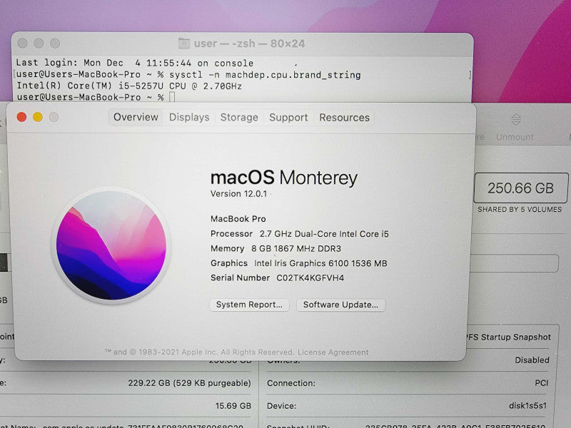 Apple Macbook Pro 2015 13\\" Core i5-5257U @ 2.7GHz 8GB DDR3 250GB SSD (