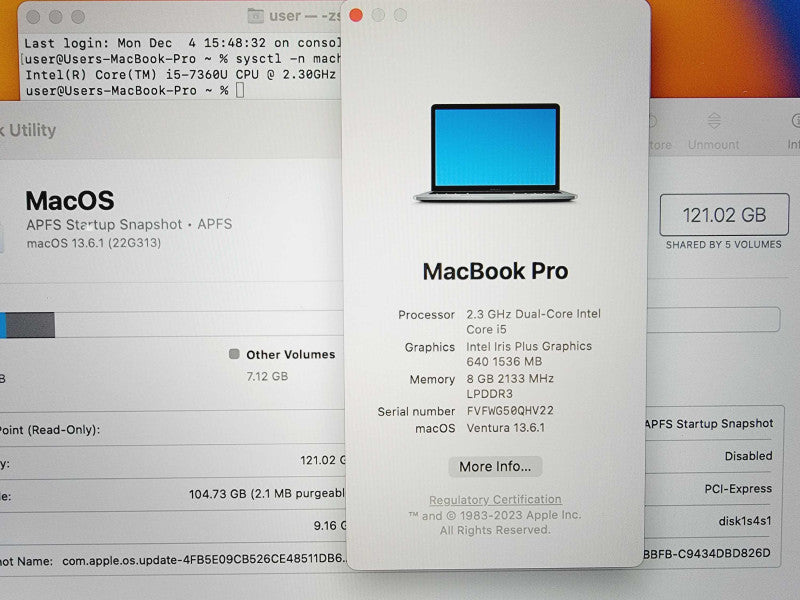 Apple Macbook Pro 2017 13\\" Core i5-7360U @ 2.3GHz 8GB DDR3 120GB SSD [Read] (