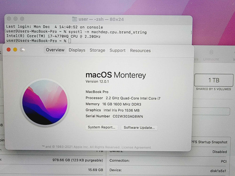 Apple Macbook Pro Retina 2015 15\\" Core i7-4770HQ @ 2.2GHz 16GB DDR3 1TB SSD (