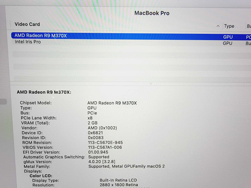 Apple Macbook Pro Retina 2015 15\\" Core i7-4870HQ @ 2.5GHz 16GB DDR3 500GB SSD Radeon R9 M370x 2GB (