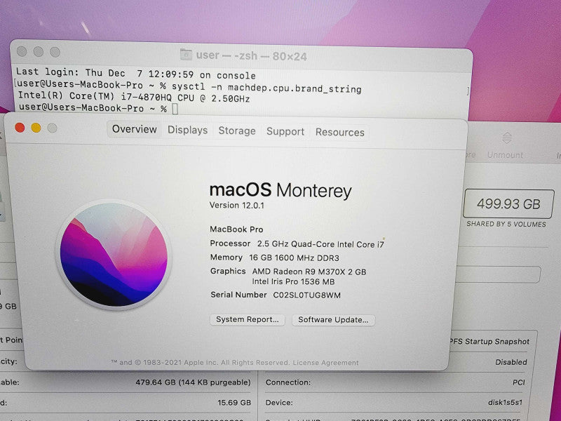 Apple Macbook Pro Retina 2015 15\\" Core i7-4870HQ @ 2.5GHz 16GB DDR3 500GB SSD Radeon R9 M370x 2GB (