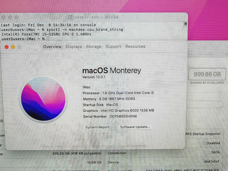 Apple iMac 2015 21.5\\" Core i5-5250U @ 1.6GHz 8GB DDR3 1TB HDD (