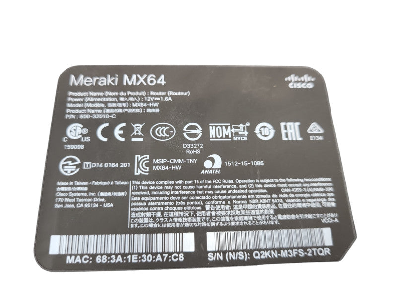 Cisco Meraki MX64-HW Cloud Managed Security Appliance &