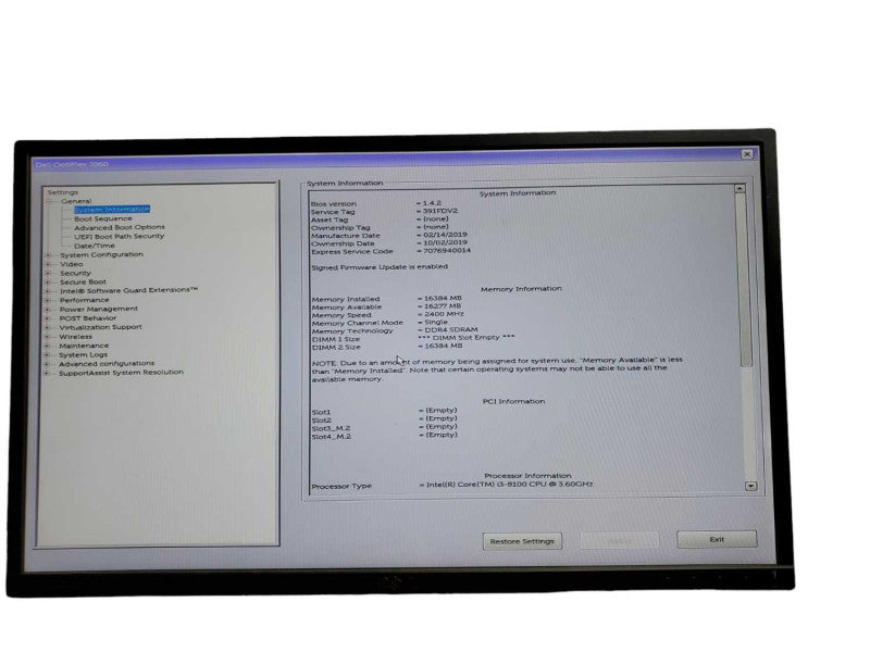 Dell OptiPlex 3060 SFF Intel i3 - 8100 CPU @ 3.60GHz 16GB DDR4 Ram NO HDD QÎ¸