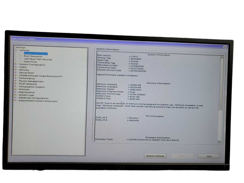 Dell OptiPlex 3080 Core i5 - 10500T CPU @ 2.30GHz 16GB DDR4 Ram NO HDD Î¸