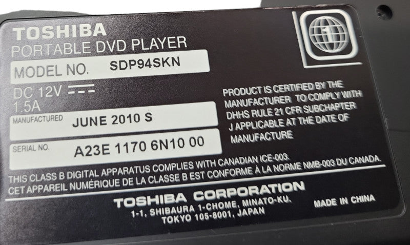 Toshiba SDP94SKN 9 inch Portable DVD Player with battery, accessories & bag &