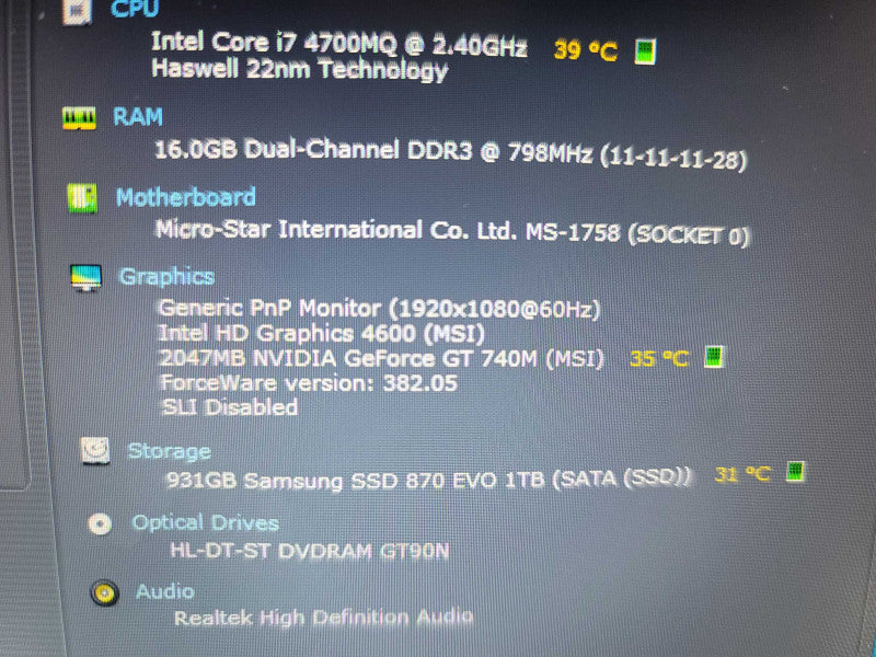 MSI GP70 | i7-4700MQ | 16GB DDR3L | GeForce GT 740M| 1TB SSD | No Battery  Î²