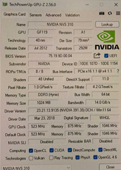 NVIDIA Quadro NVS310 1GB GDDR3 PCIe x16 | 2x DP | High Profile )