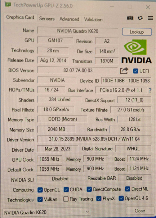 NVIDIA Quadro K620 2GB DDR3 Graphics Card | DVI DisplayPort | )