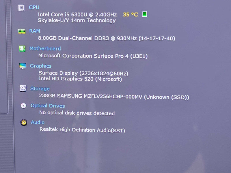 Microsoft Surface Pro 4 Core i5-6300U 2.4GHz, 8GB GB 256GB SSD READ _