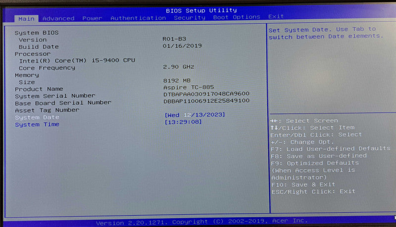 Acer Aspire TC-885 | i5-9400 @ 2.90GHz 8GB DDR4 128GB M.2  )