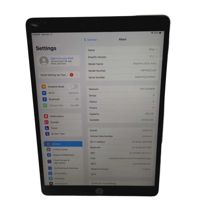 Apple iPad Pro (10.5 inch) WiFi+Cellular A1709 256GB UNLOCKED  -