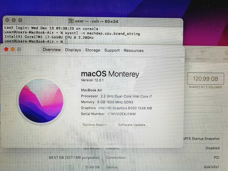 Apple Macbook Air 2017 13\\" Core i7-5650U @ 2.2GHz 8GB DDR3 120GB SSD (