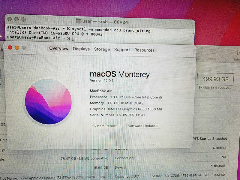 Apple Macbook Air 2017 13" Core i5-5350U @ 1.8GHz 8GB DDR3 500GB SSD  (