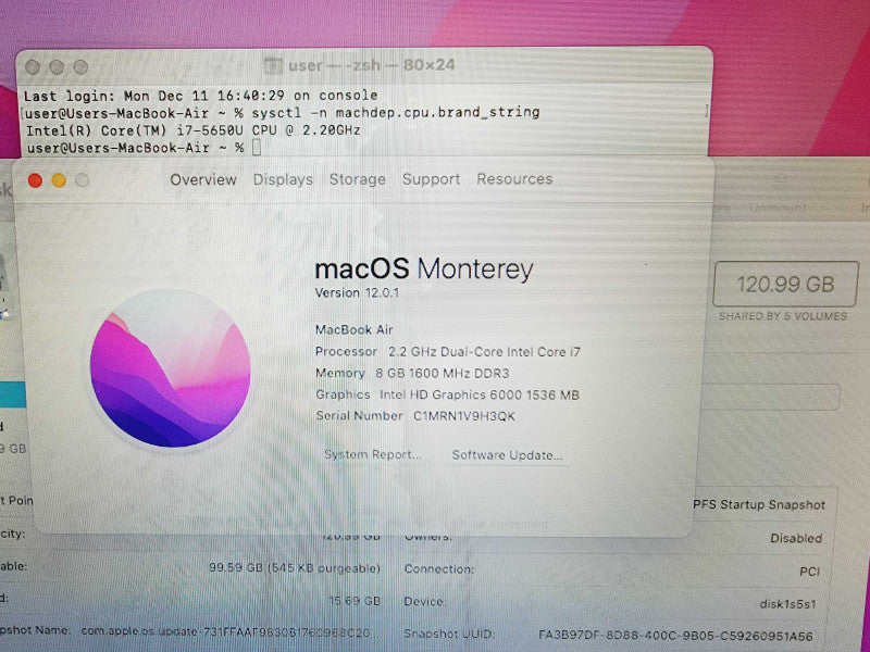 Apple Macbook Air 2015 13\\" Core i7-5650U @ 2.2GHz 8GB DDR3 120GB SSD Q(