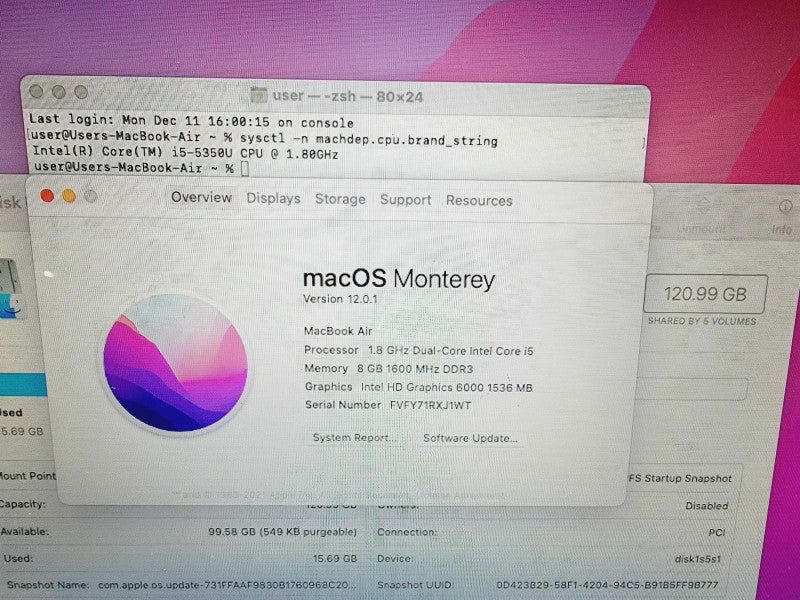 Apple Macbook Air 2017 13\\" Core i5-5350U @ 1.8GHz 8GB DDR3 120GB SSD (
