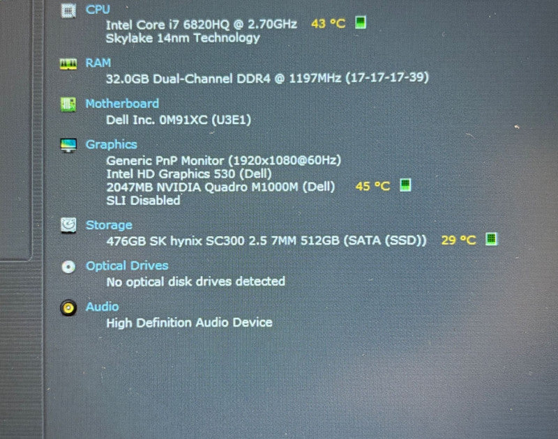 DELL Precision 7510 i7-6820HQ@2.7GHz QUADRO M1000M 2GB GPU 32GB RAM 512GB SSD