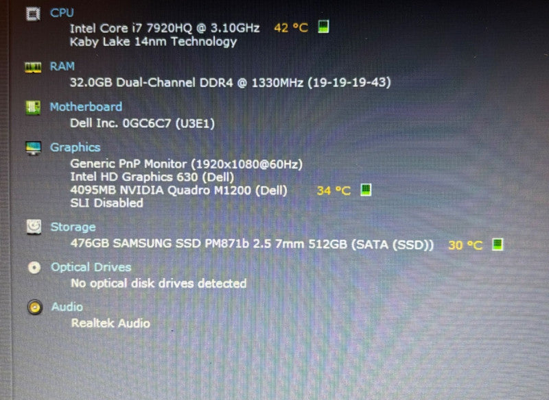 DELL Precision 7520 i7-7920HQ@31.GHz QUADRO M1200 4GB GPU 32GB 512SSD READ!