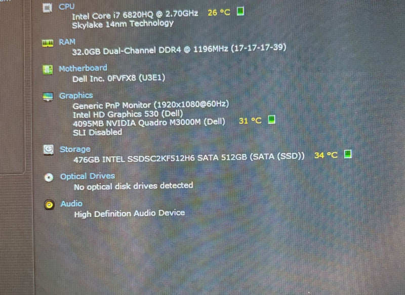 DELL Precision 7710 i7-6820HQ@2.7GHz QUADRO M3000M 4GB GPU 32GB RAM 512GB SSD