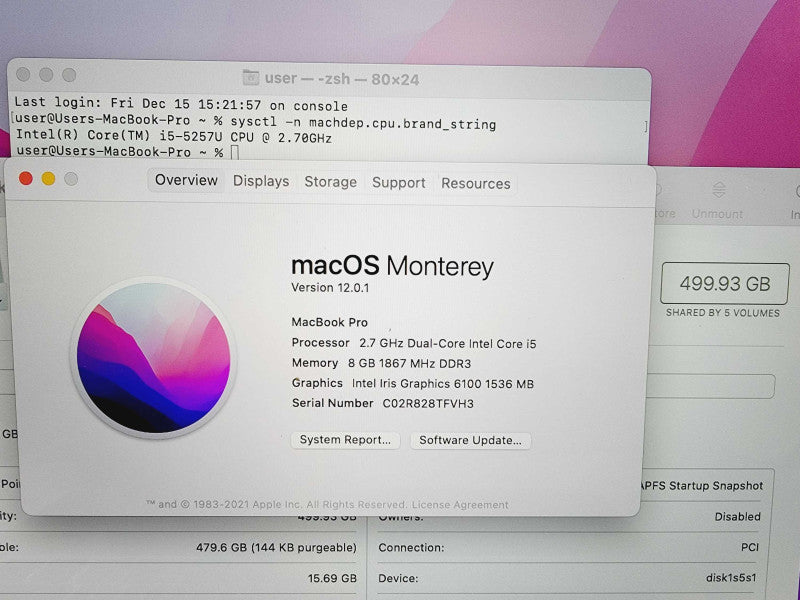 Apple Macbook Pro Retina 13\\" Core i5-5257U @ 2.7GHz 8GB DDR3 500GB SSD (