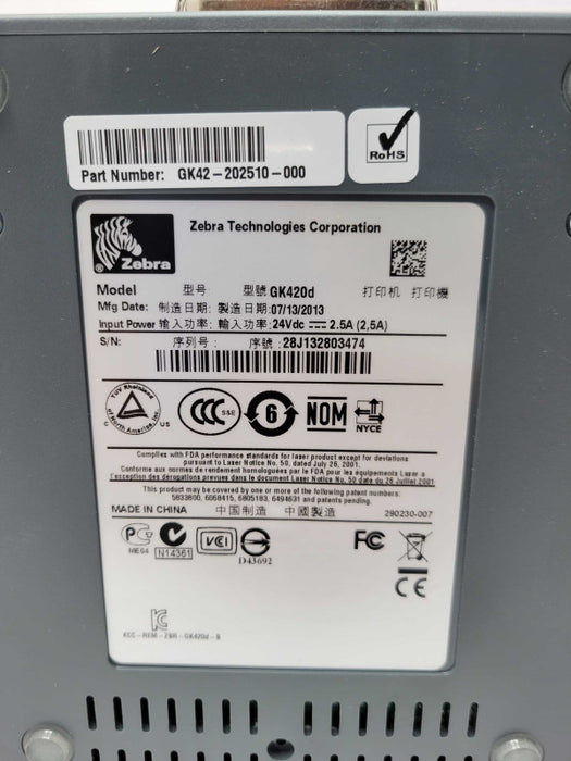 Zebra GK420D GK42-202510-000 Direct Thermal Label Printer w/ Power adapter _