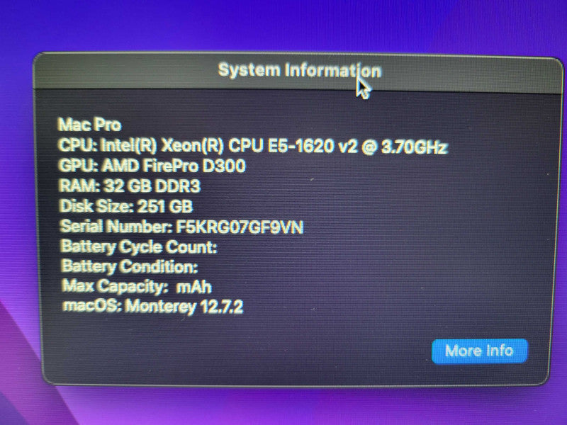 MacPro (Late 2013) - Xeon E5-1620 v2 | 32GB RAM | 256GB SSD | 2xFirePro D300 2GB %
