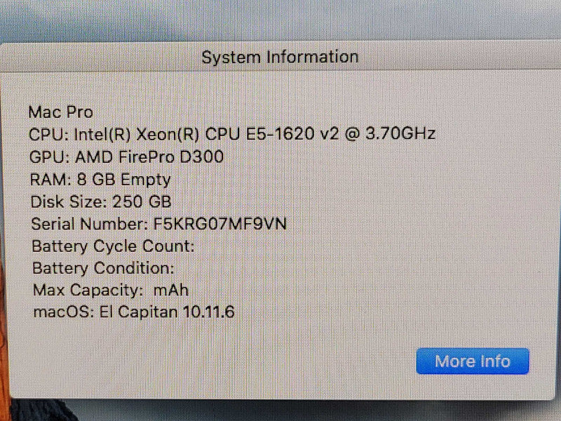 MacPro (Late 2013) - Xeon E5-1620 v2 | 8GB RAM | 256GB SSD | 2xFirePro D300 2GB %