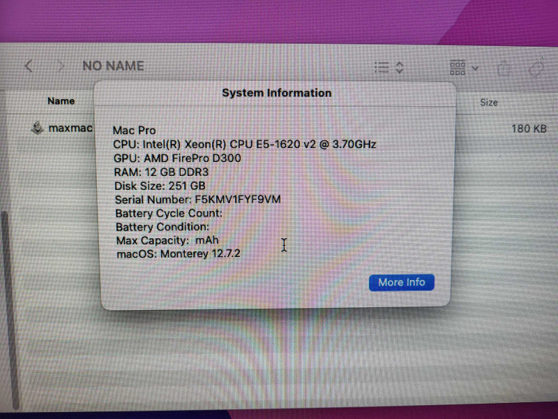 Apple MacPro A1481 E5-1620 v2 @ 3.7Ghz 12GB RAM 256GB SSD D300 GPU Q$