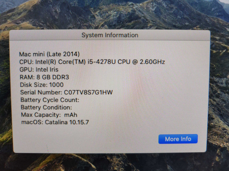 Mac Mini (Late 2014) A1347 - Core i5-4287U | 8GB RAM | 1TB HDD | Intel Iris %