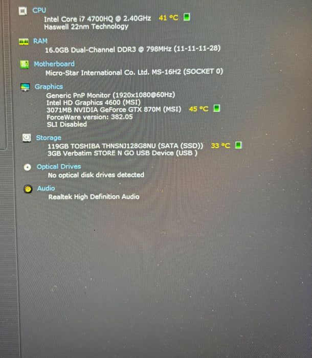 MSI MS-16H2 Gaming Laptop i7-4700HQ GTX870M 3GBGPU 16GB 128SSD FOR PARTS READ