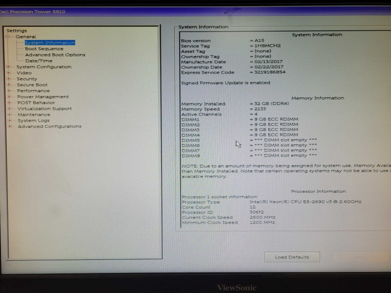 Dell Precision T5810 Xeon E5-2690v3 2.6Ghz 32GB RAM, No HDD, No GPU _