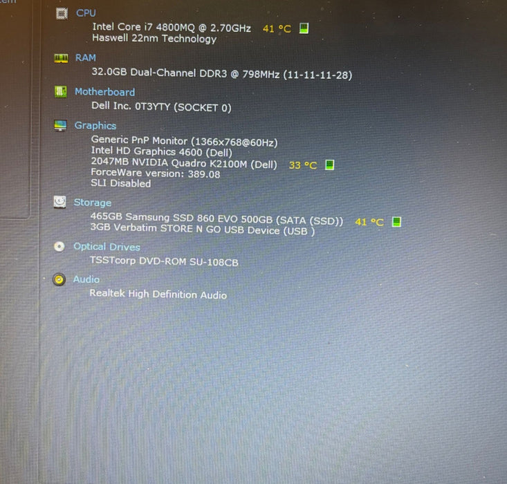 DELL PRECISION M4800 Intel i7-4800MQ QUADRO K2100M 2GB GPU 32GB RAM 500GB SSD