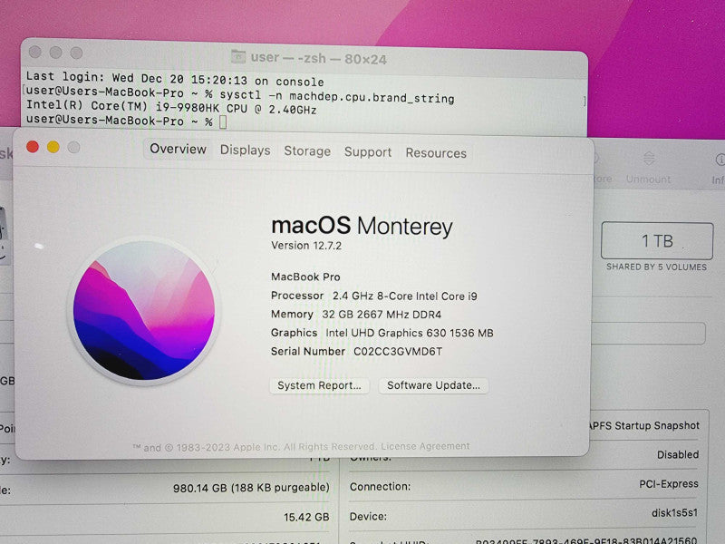 Apple Macbook Pro 2019 15\\" Core i9-9980HK @ 2.4GHz 32GB DDR4 1TB SSD Radeon Pro 5500M 4GB (