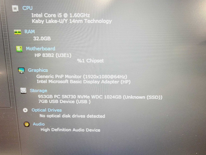 HP Elitebook 840 G5 14\\" Core i5-8250U @ 1.6GHz 32GB DDR4 1TB Nvme (